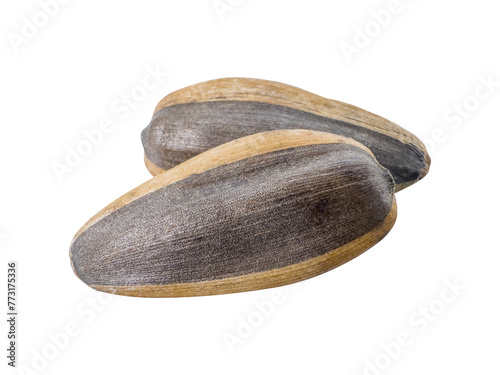 Close-up of delicious black sunflower seeds Natural agricultural seeds isolated on white background.