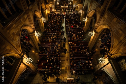 A top-down perspective of a lively church with a large congregation forming a procession photo
