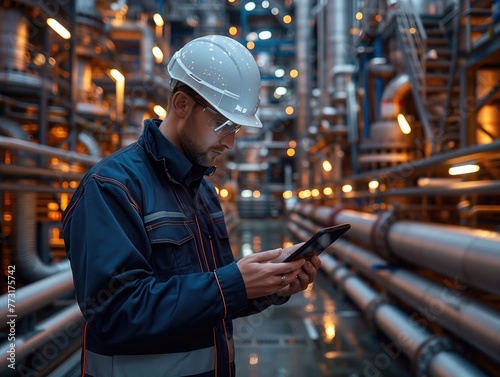 A professional shot of an engineer in a white safety helmet, intently using a tablet against the complex setting of an oil refinery, featuring storage tanks and a network of pipelines