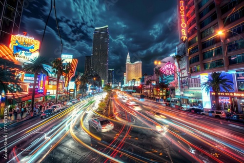 A wide-angle view of a bustling city intersection at night, with streams of traffic creating a chaotic scene © Ilia Nesolenyi