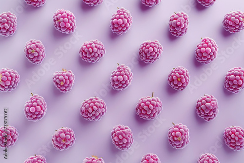 Pattern of pink raspberries on light purple background, fresh summer fruit arrangement concept
