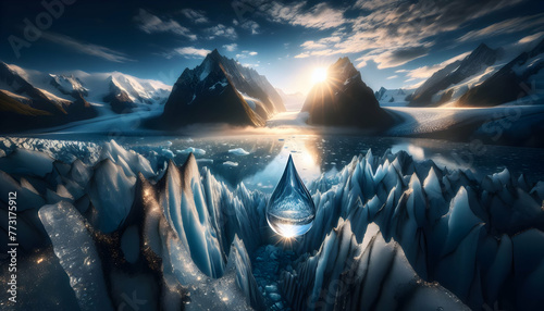 Photo real for Glacier Glimpse A water drop capturing the essence of a glacier highlighting climate impact. in close-up water drop theme ,Full depth of field, clean bright tone, high quality ,include