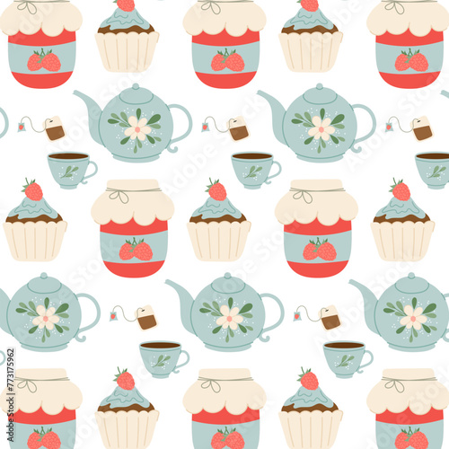 Tea party. Breakfast. Pattern with teapot, cupcake and jam in flat style. Seamless pattern for textile, wrapping paper, background.	
