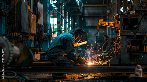 man welds metal in factory