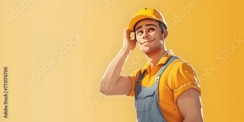 Satisfied mechanic character wiping their brow after completing a successful job on a clean yellow background with copy space