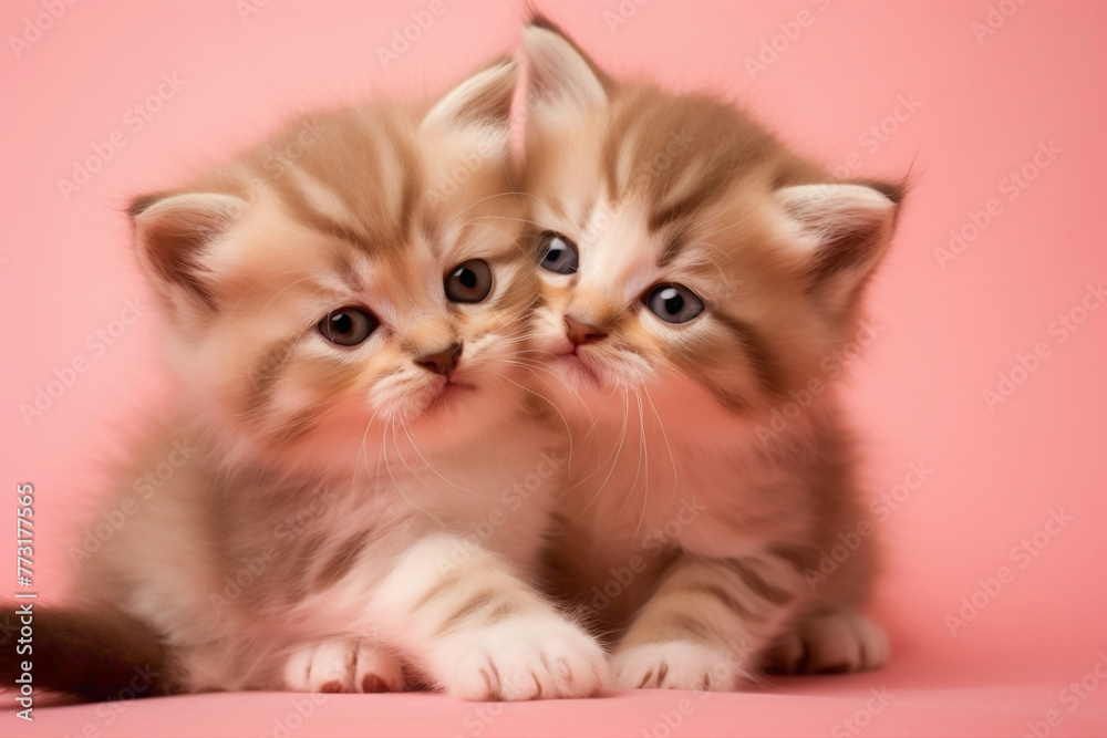 A pair of adorable kittens cuddled together, one playfully batting at the other's tail, set against a soft pink backdrop.