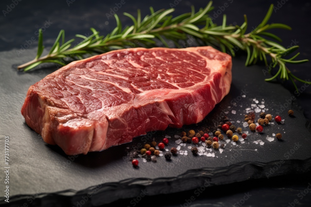 Refined medium rare ribeye steak on a slate plate against a polished metal background