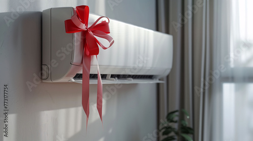 air conditioner with a festive bow in the room