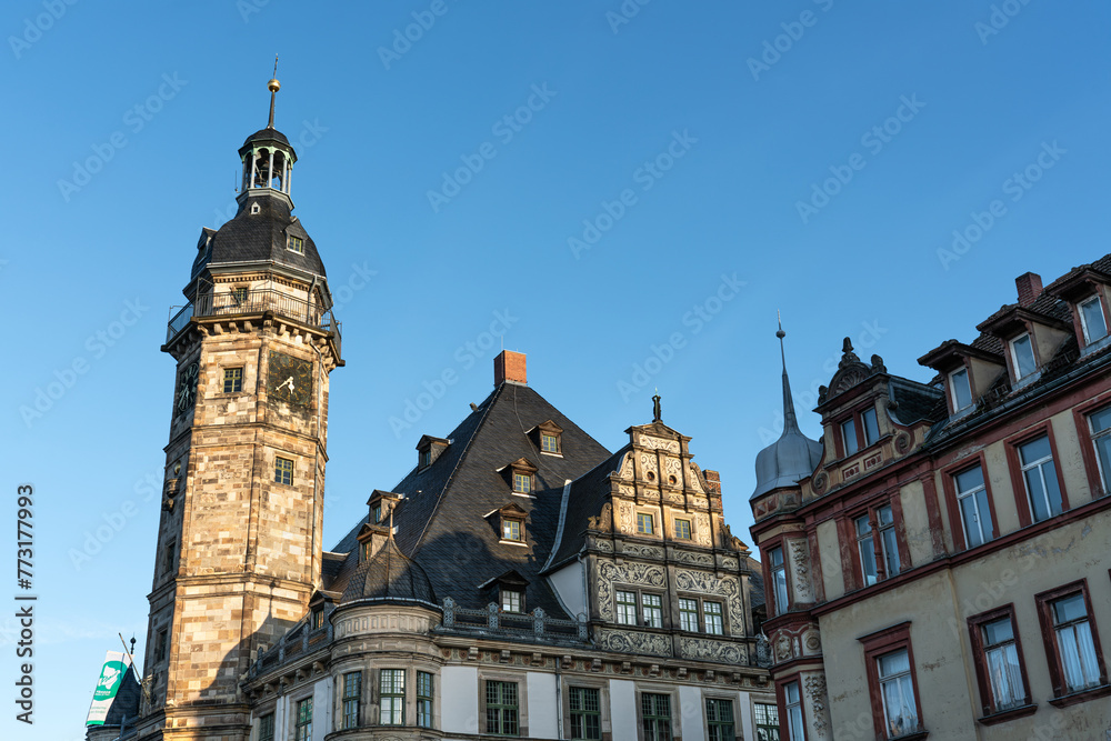 Renaissance facade of the Altenburg town hall in Thuringia. One of the most important Renaissance town halls in Germany. Decorated half-timbered house on the Altenburg market.
