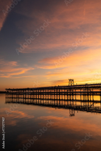 Captivating sunset scenery unfolds at The Rio Tinto Pier  Muelle de Rio Tinto  in Huelva  Andalusia  Spain