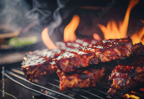 Juicy barbecued ribs with a smoky flavor, cooking on a grill with flames in the background.