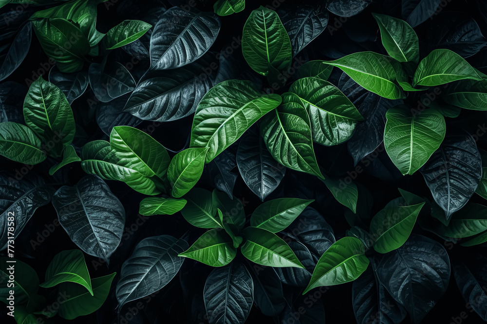 A close up of green leaves with a dark background. A close up of green leaves with a dark background.