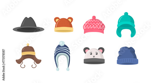 Collection of winter or autumn hats in flat style. Knitted hat, caps for girls and boys in cold weather isolated on white background. Web page design element icon. Vector illustration