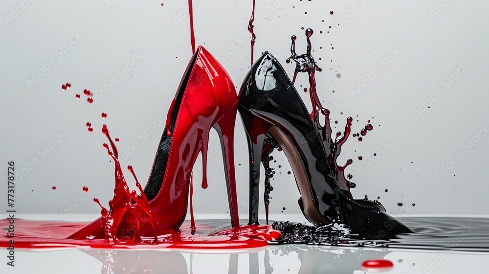 a red and black high heeled shoes with liquid splashing - obrazy, fototapety, plakaty 