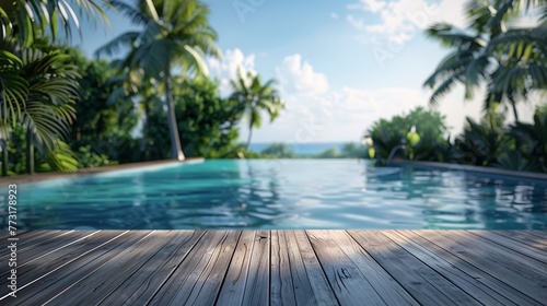 a hyper-realistic  minimalist image of an empty wooden deck with a tropical swimming pool in the background  evoking summer vibes