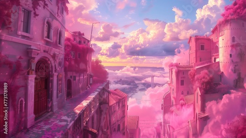 Pink street of the pink city with pink clouds and skyes. Pink city concept
