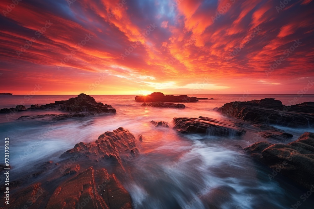 Sunset background, Beautiful sunset over the sea Nature composition Long exposure Australian seascape at sunrise Beautiful seascape, Sunrise over the sea, Composition of nature, Ai generated