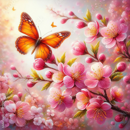 bright colorful flowers in pink and blue tones and butterfly wth gold tint