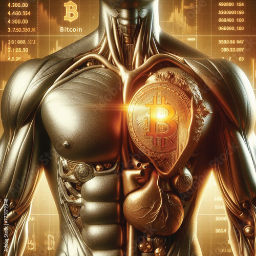 A healthy human body reveals its internal organs, a heart, made from a golden metal material. Inside the heart lies the Bitcoin symbol of modern finance. prosperity and value