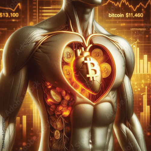 A healthy human body reveals its internal organs, a heart, made from a golden metal material. Inside the heart lies the Bitcoin symbol of modern finance. prosperity and value