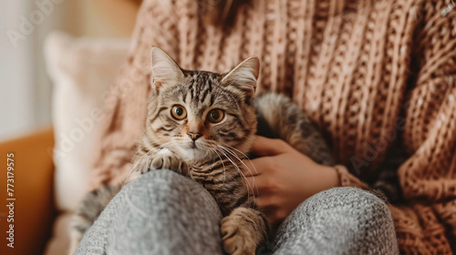Curious Companion: Kitten Keeping Watch While Enjoying Attention, Perched Comfortably on Its Owner's Lap