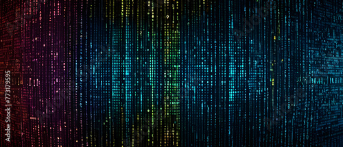 Neon Binary Code Matrix. Digital Data Stream. Cyber Technology. Cybersecurity Concept Panorama Background.
