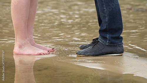feet of a boy and a girl on the sand in the water