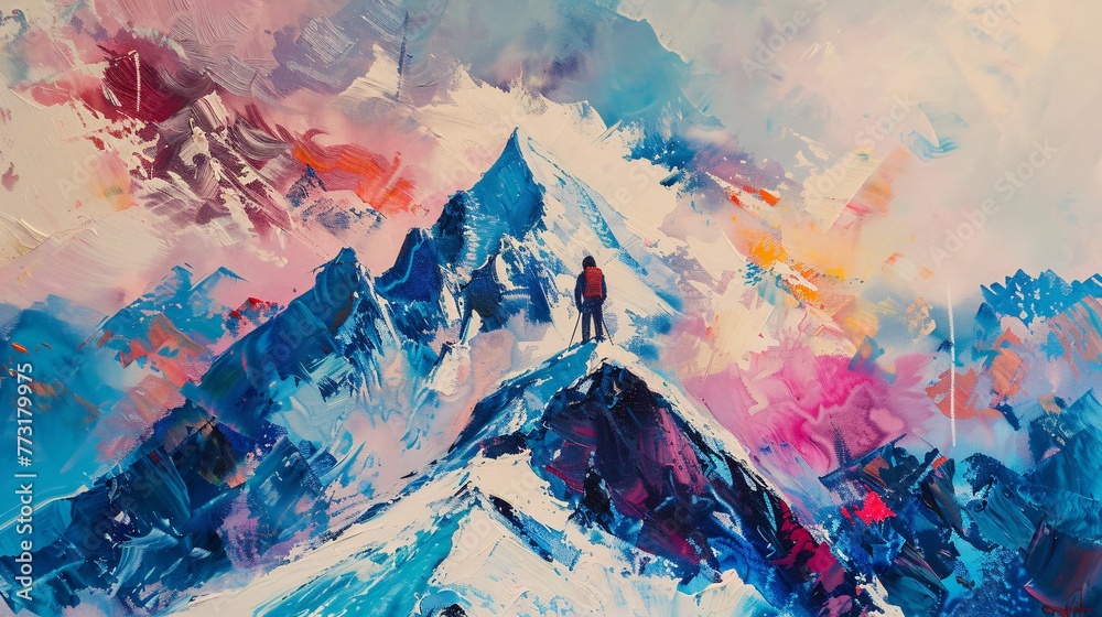 an abstract acrylic painting of Mont Blanc mountain with a mountaineer battling a storm, featuring bold strokes and vibrant colors