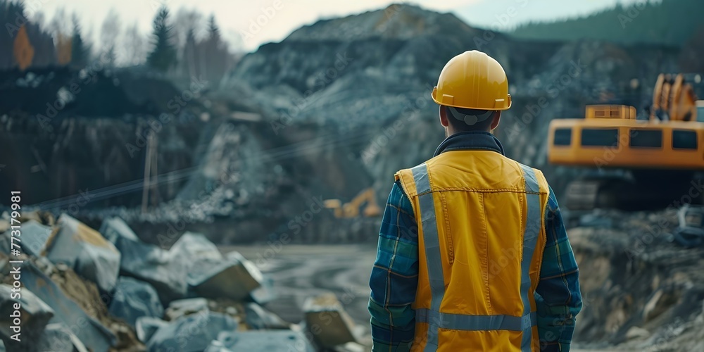 A male site supervisor in a yellow safety helmet overseeing work at a hazardous location. Concept Construction Site Supervision, Safety Measures, Hazardous Work Environment, Male Site Supervisor A male site supervisor in a yellow safety helmet overseeing work at a hazardous location. Concept Construction Site Supervision, Safety Measures, Hazardous Work Environment, Male Site Supervisor