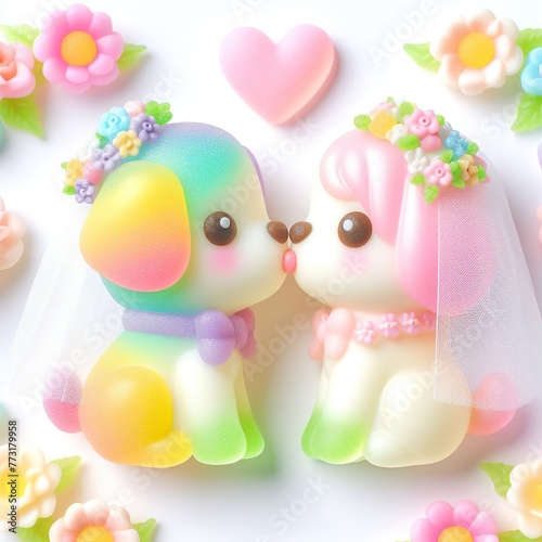 a cute wedding couple puppy in kissing made of pastel color rainbow gummy candy with flowers around on a white background