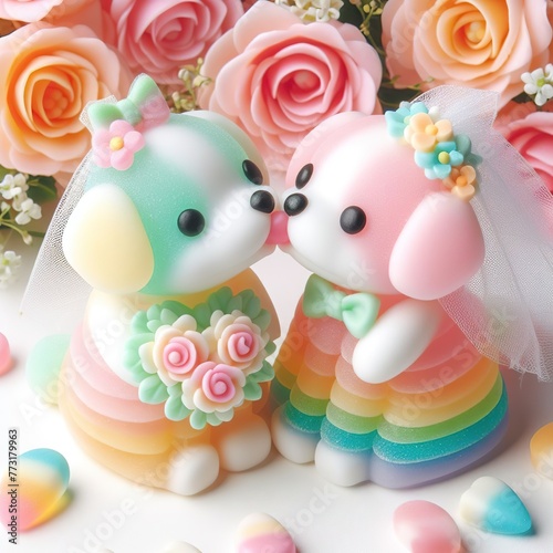 a cute wedding couple puppy in kissing made of pastel color rainbow gummy candy with flowers around on a white background © JetHuynh