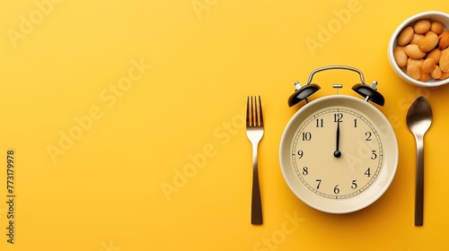 Top and flat view of putting an alarm clock on a plate with a yellow color background. With copy space to add text. Concept of setting a meal clock and diet program photo