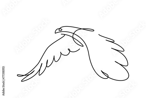 Bird of prey flying in continuous line art drawing style. Eagle in flight black linear design isolated on white background. Vector illustration