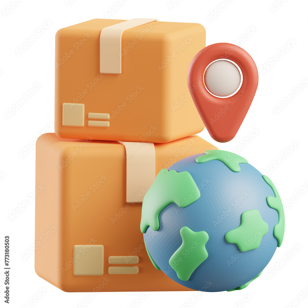 3D globe, and cardboard box map pin, illustration delivery 3D globe, and cardboard box map pin, illustration delivery