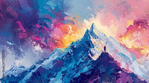 an abstract acrylic painting of Mont Blanc mountain with a mountaineer battling a storm, featuring bold strokes and vibrant colors photo