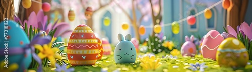 Create a whimsical 3D scene featuring hidden Easter eggs throughout