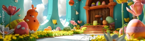 Create a whimsical 3D scene featuring hidden Easter eggs throughout photo