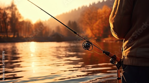 A man is fishing. A close-up of a fishing rod on the background of a lake, a beautiful sunset