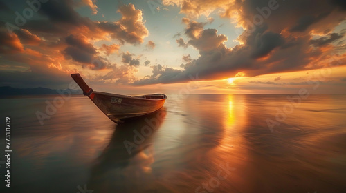 Boat on the seashore. Sunset over the sea. Reflection of a clouds in the ocean. Twilight. Nature background. Purple and pink colors.