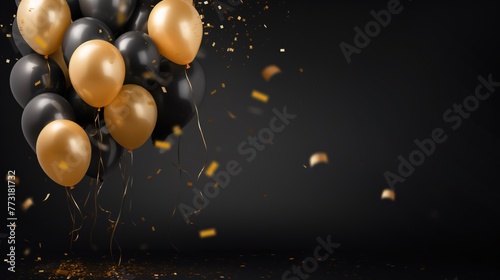 a bunch of black and gold balloons