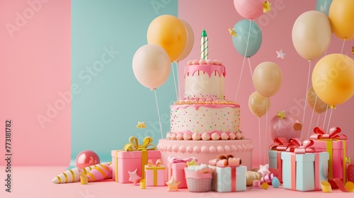 A birthday cake surrounded by balloons and presents