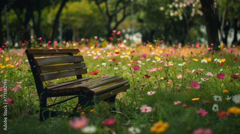 A park bench sitting in a field of flowers A park bench sitting in a field of flowers