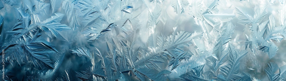 A close view of frost patterns on glass - obrazy, fototapety, plakaty 