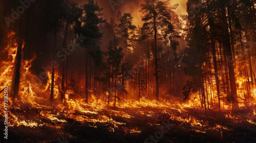 Large flames of forest fire. Ecological catastrophy.