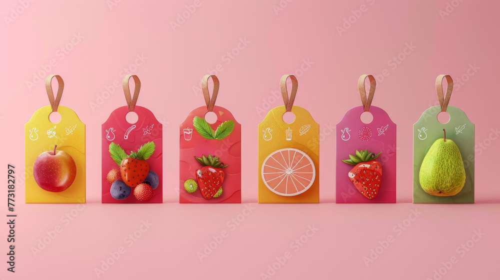 A set of labels for fruits and berries on a pink background. Labels with drawings of fruits. A template for your product. Illustration