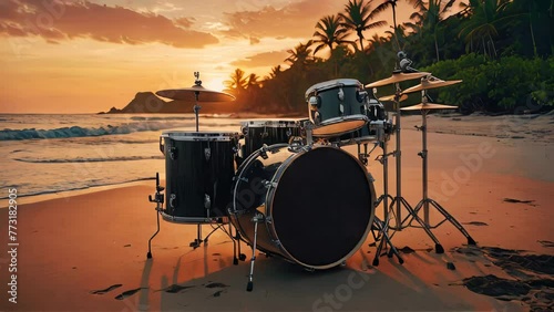tranquil evening atmosphere of tropical sunset beach with drum kit against backdrop of orange sky and sound of music harmonizing with ocean waves and the relaxing nature of coastline. AI-generated photo