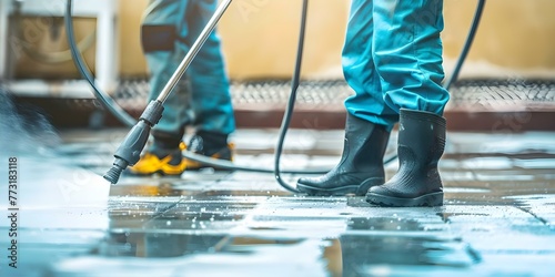 Workers using pressure washer to deep clean driveway for professional cleaning service. Concept Pressure Washing, Driveway Cleaning, Professional Service, Outdoor Cleaning, Worker in Action