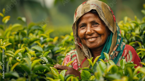Woman collecting leaves at tea plantation. Tea plantation Munnar. photo