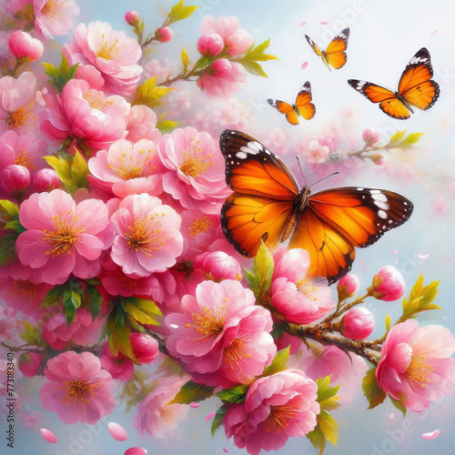 bright colorful flowers in pink and blue tones and butterfly wth gold tint