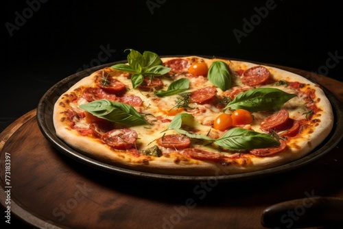 Juicy pizza in a clay dish against a leather background